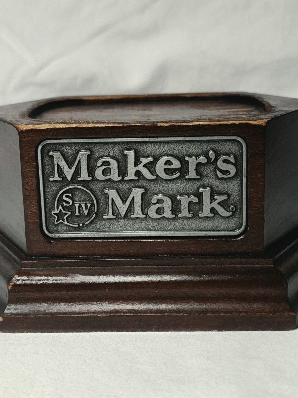 vintage wooden Maker's Mark whiskey bottle display stand